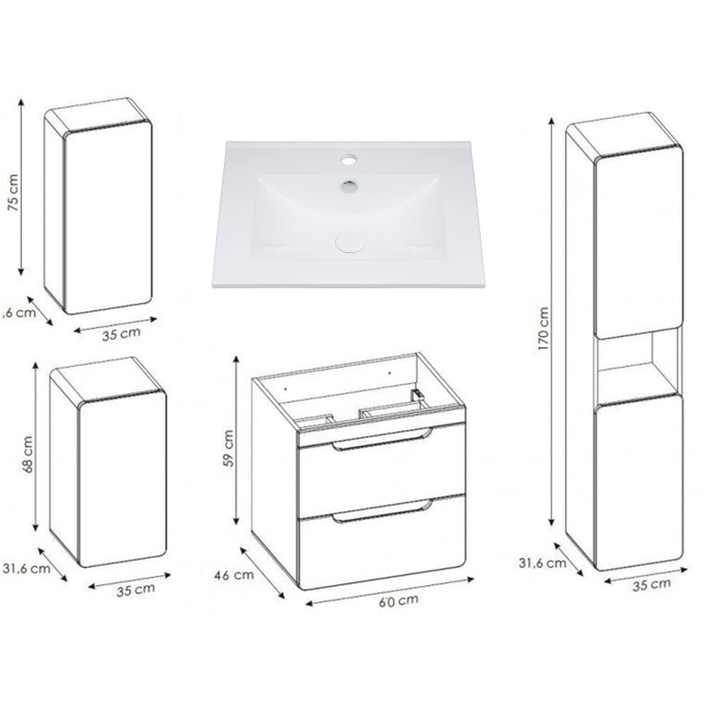 Impact Furniture Aruba White Gloss and Oak Wall Mounted Bathroom Vanity Unit with Sink 600mm Image 9