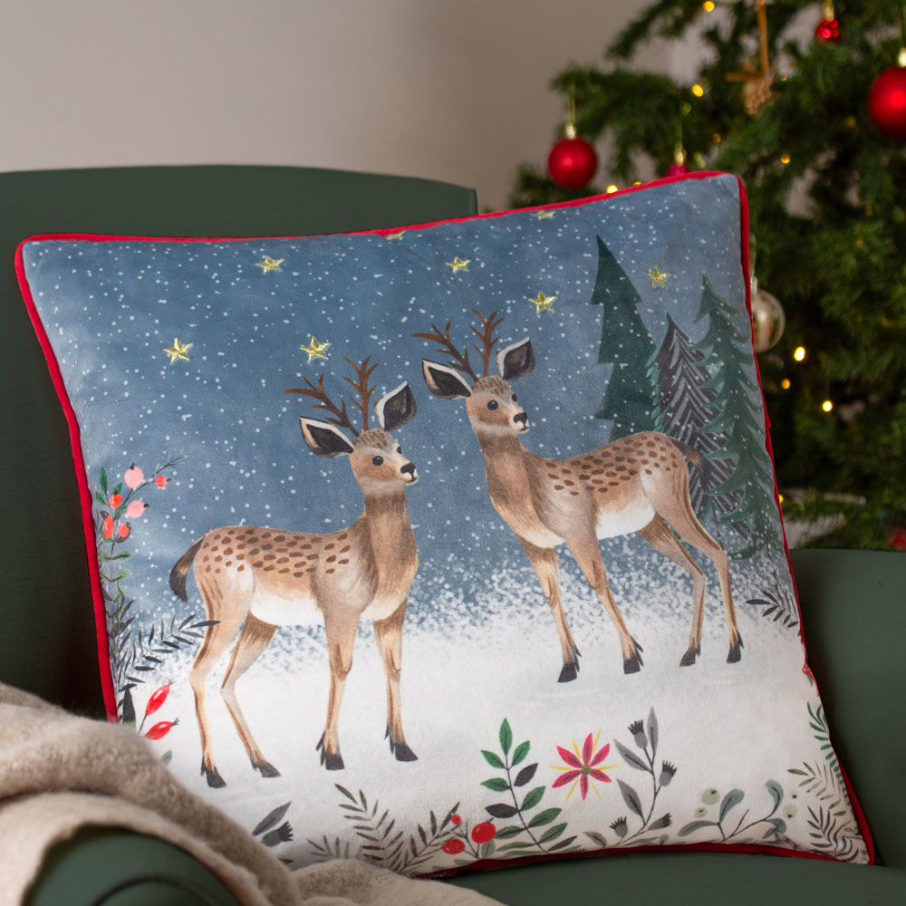 furn. Ditsy Festive Reindeer Multicoloured Velvet Piped Cushion Image 2