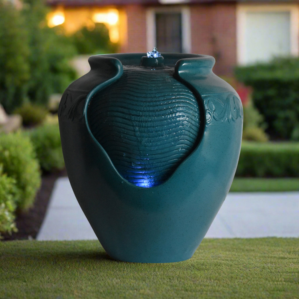 Teamson Home Teal Outdoor Glazed Pot Floor Fountain with LED Light Image 2