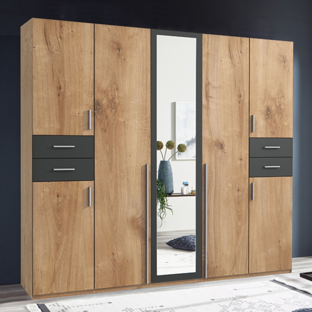 TJ'S New York 6 Door Oak Mirrored Wardrobe Image 1