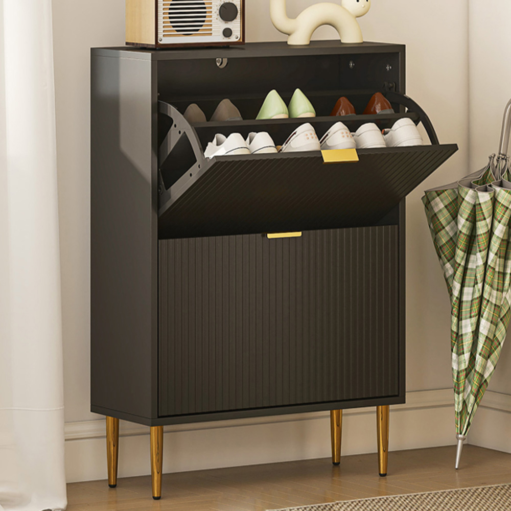 Portland 2 Flip Drawer Black Slim Shoe Storage Cabinet Image 1