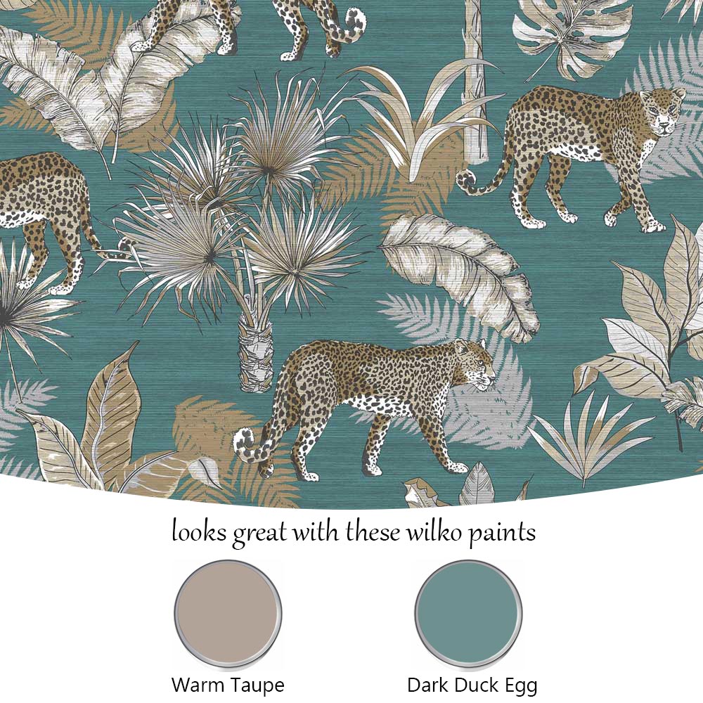Grandeco Leopard Jungle Palm Linen Teal Textured Wallpaper Image 4