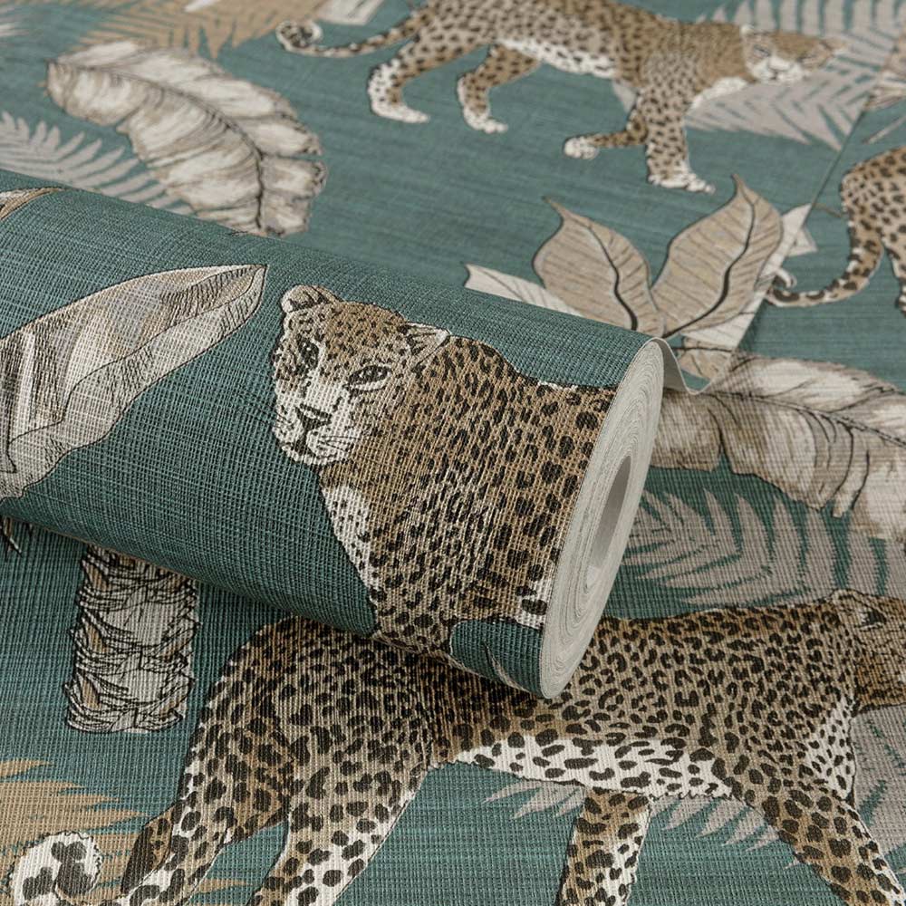 Grandeco Leopard Jungle Palm Linen Teal Textured Wallpaper Image 2