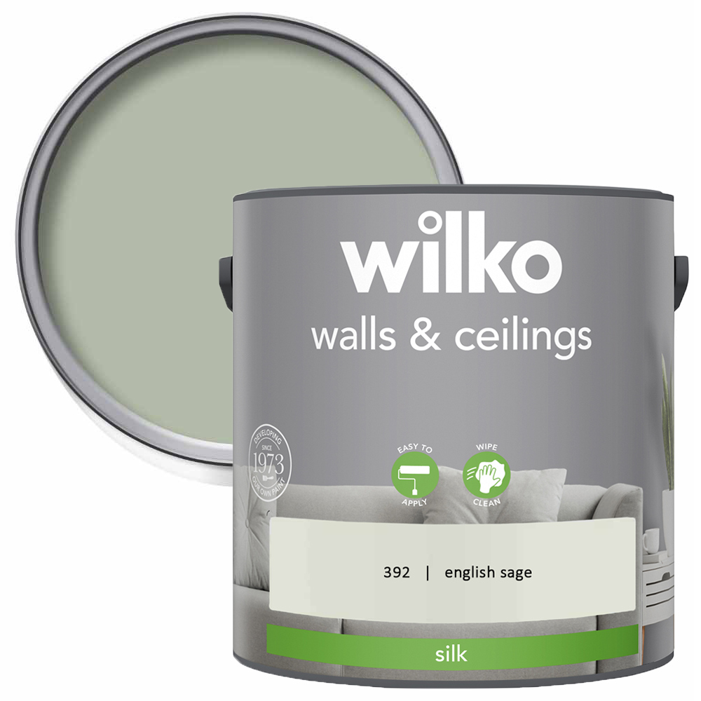 Wilko Walls & Ceilings English Sage Silk Emulsion Paint 2.5L Image 1
