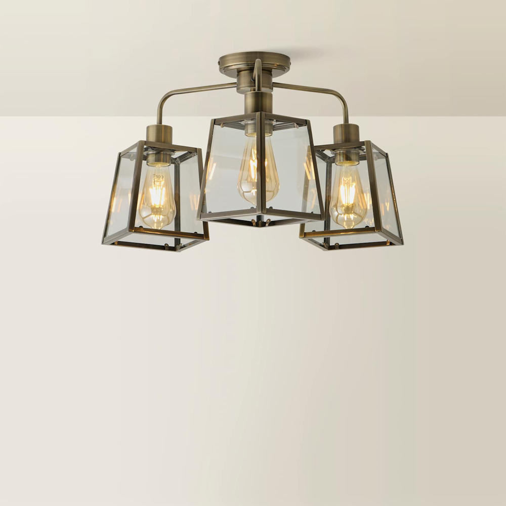 ValueLights Susie 3 Arm Antique Brass Glass Lantern Ceiling Light with Bulb Image 5