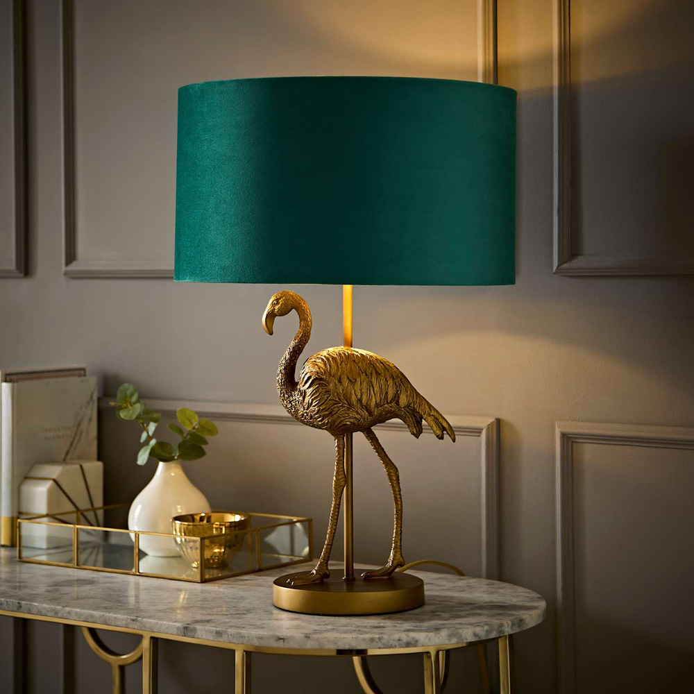 ValueLights Flo Flamingo Green Velvet and Gold Shade Bronze Table Lamp with Bulb Image 6
