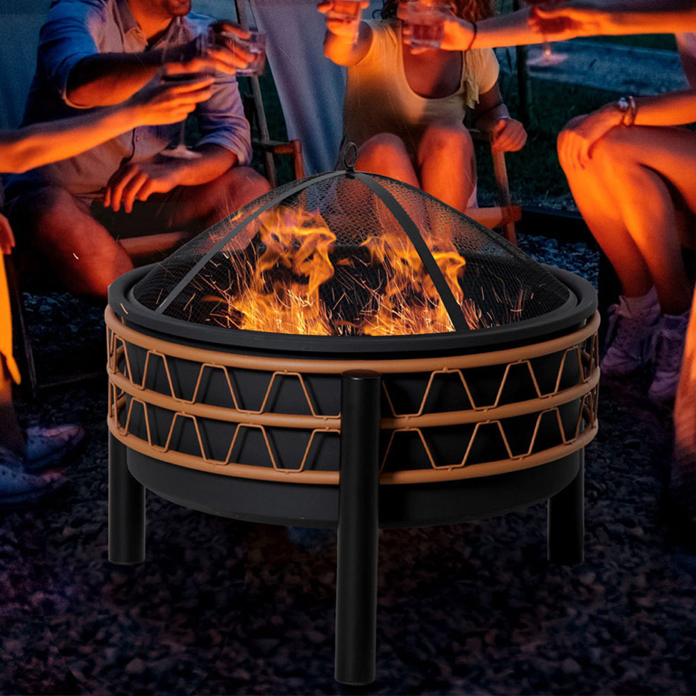 Outsunny Powder-Coated Steel Orange Fire Bowl with Poker and Mesh Lid Image 6
