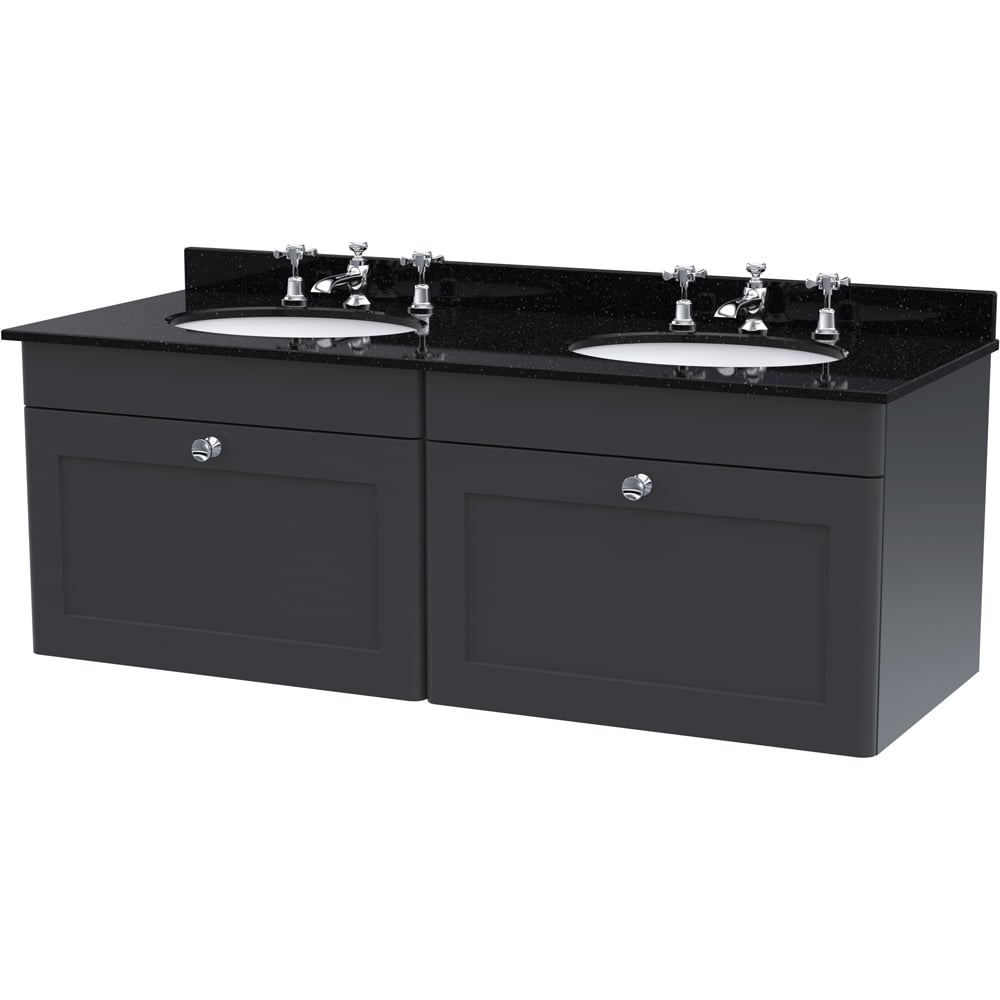 nuie Classique 2 Drawer Soft Black Wall Hung Unit and 3 Tap Hole Marble Basin 1200mm Image 1