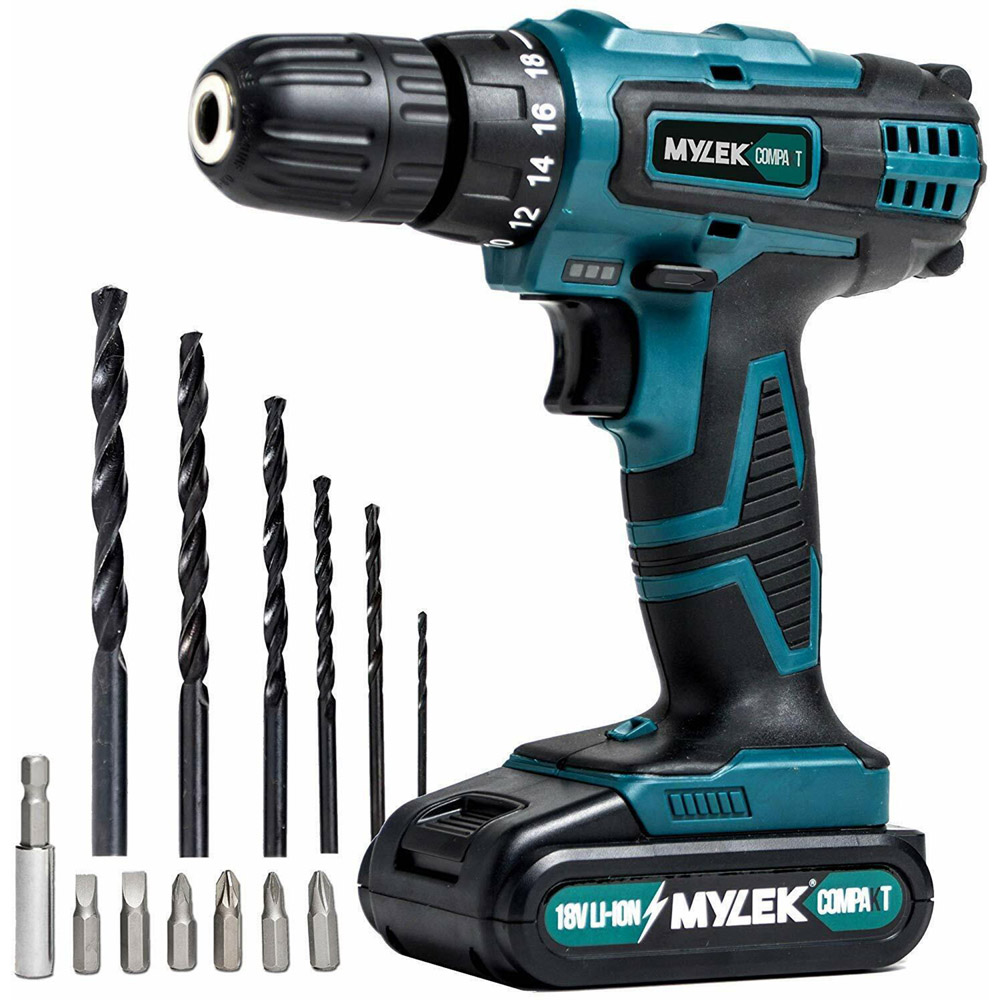 MYLEK 18V Lithium-Ion Drill Drive Including Battery and 13 Bits Image 1