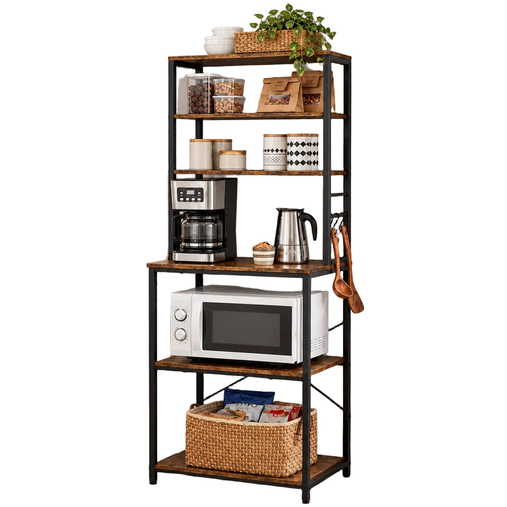 Modcraft 6 Shelf Black and Rustic Brown Adjustable Industrial Kitchen Storage Rack with 6 Hooks Image 4