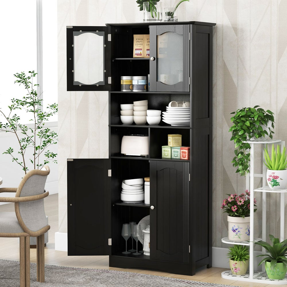 Costway 4 Glass Door 3 Shelf Black Tall Bathroom Cabinet 148cm Image 4