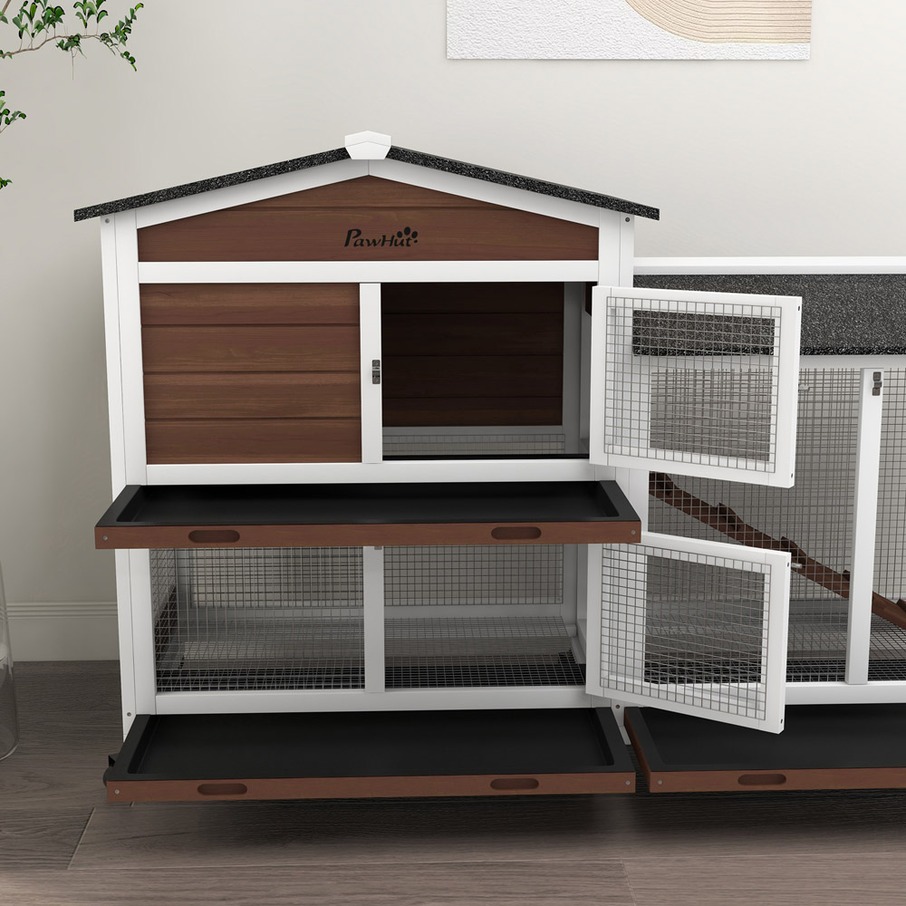 PawHut Brown Wooden Pet Hutch with Wheels Image 2