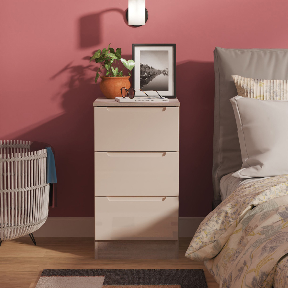 Crowndale Milan 3 Drawer Kashmir Gloss and Grey Oak Bedside Cabinet Ready Assembled Image 6