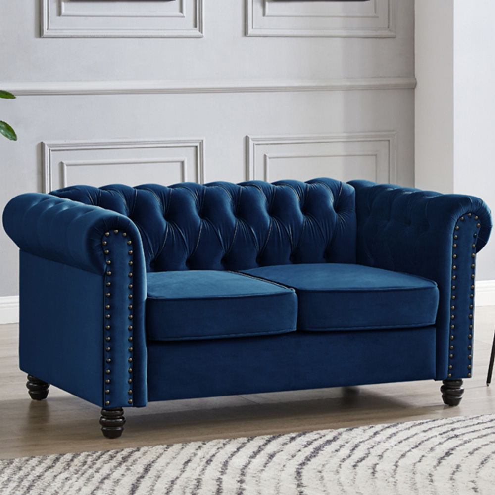 Home Detail Chesterfield 2 Seater Studded Blue Velvet Sofa Image 1
