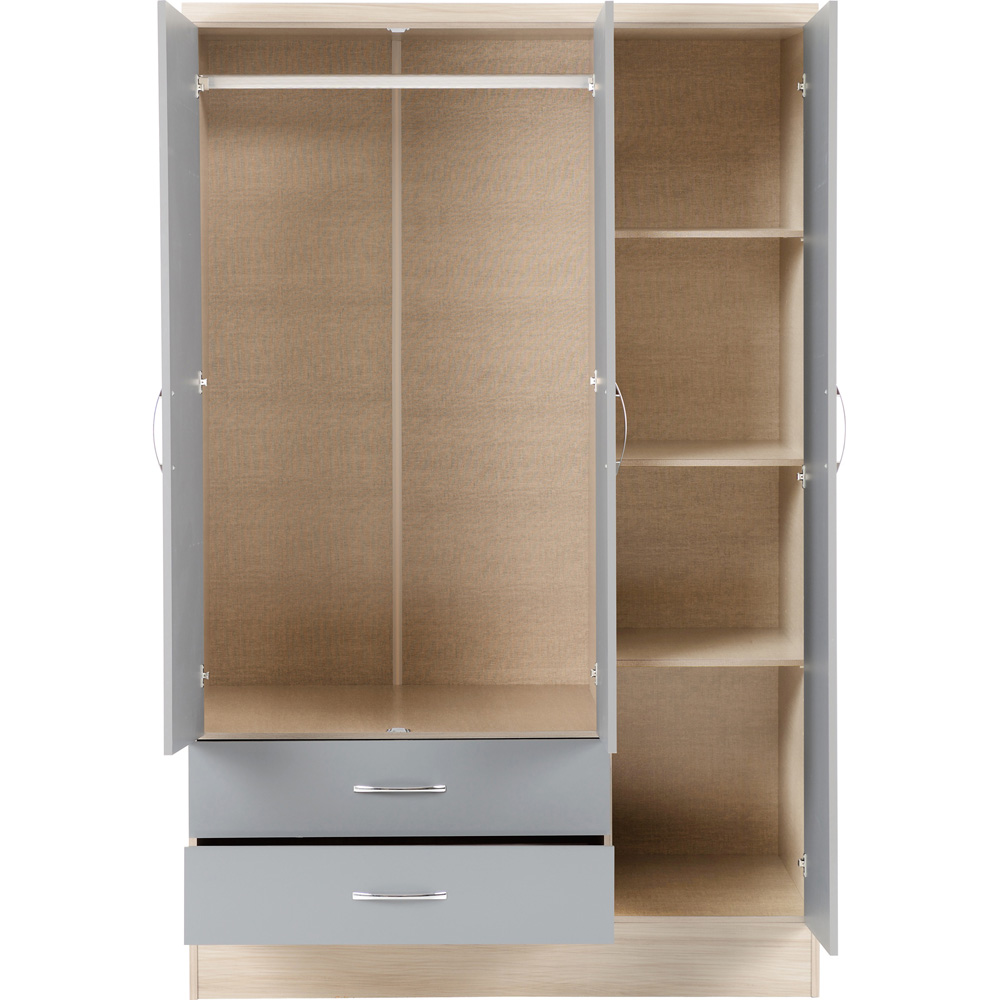 Seconique Nevada 3 Door 2 Drawer Grey Gloss and Light Oak Veneer Mirror Wardrobe Image 4