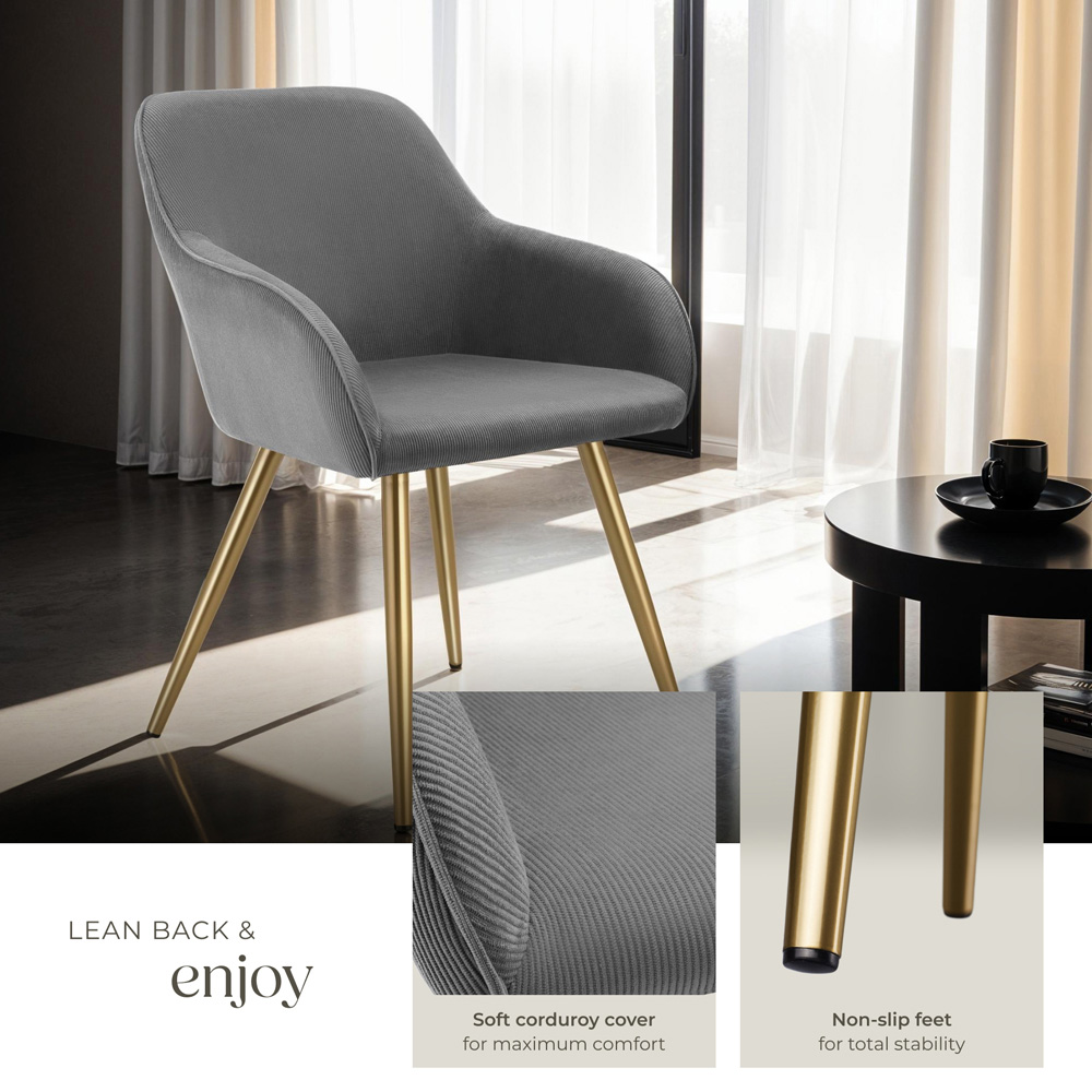 tectake Marilyn Set of 2 Grey and Gold Corduroy Padded Dining Chair Image 4