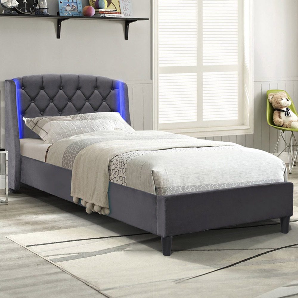 Comfy Living Single Grey Fabric Bed Frame with LED Headboard Image 1