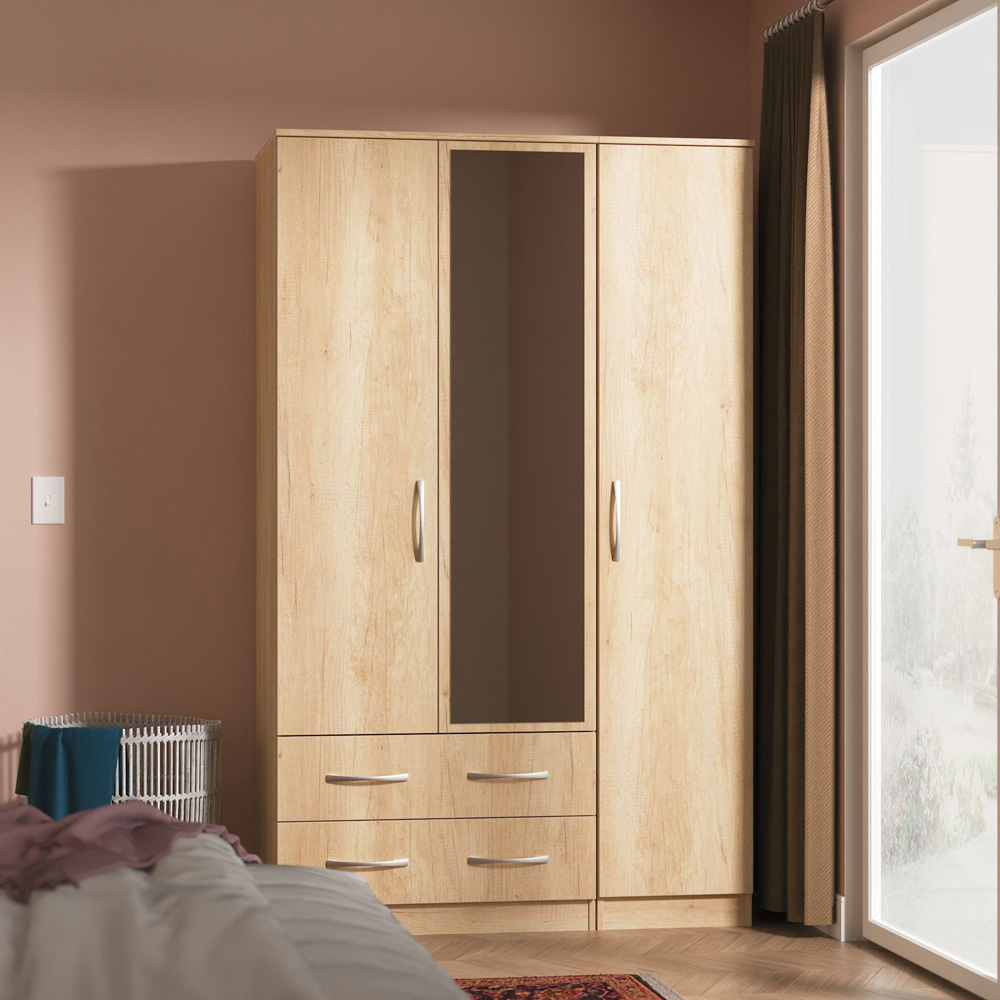 Crowndale Avon 3 Door 2 Drawer Nebraska Oak Mirrored Wardrobe Ready Assembled Image 9