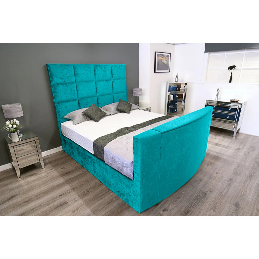 Eleganza Home Lurvi King Size Teal Plush TV Bed Frame with Headboard and Footboard Image 3