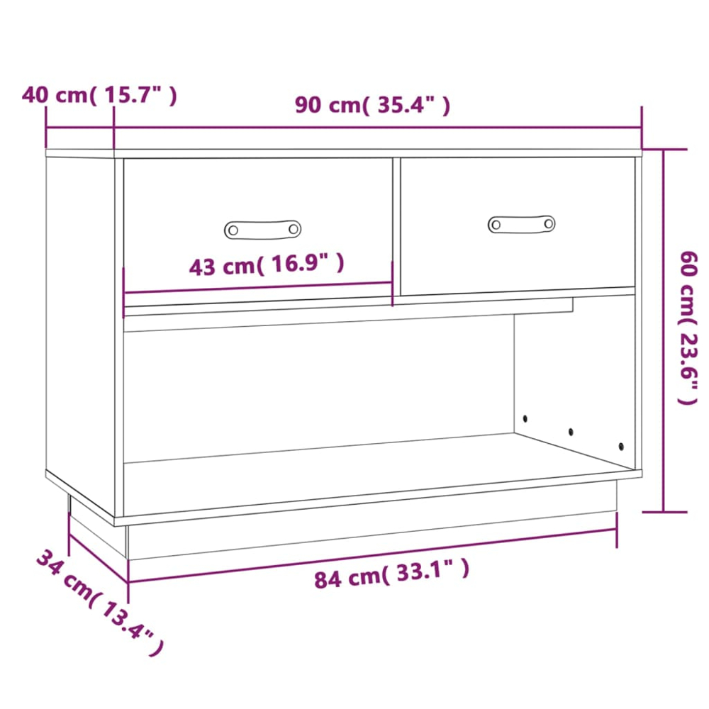 vidaXL 2 Drawer Single Shelf Black Solid Pine Wood TV Cabinet Image 9