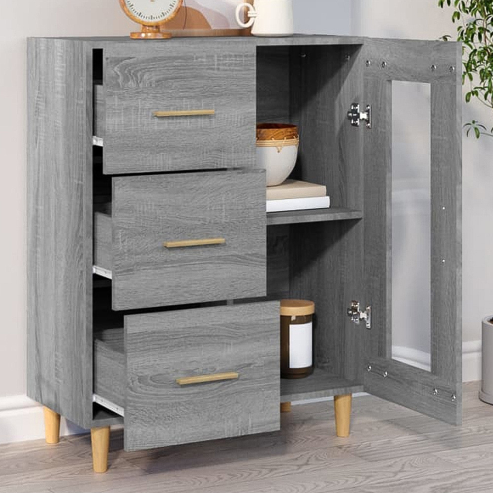 vidaXL Single Glass Door 3 Drawer Grey Sonoma Wooden Sideboard Image 1