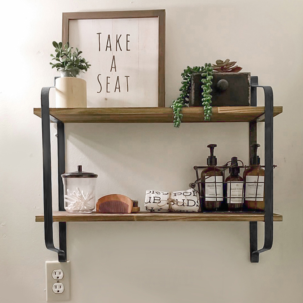 Living And Home WH0948 Wood Metal Frame & Wood 2-Tier Wall Mounted Floating Shelf Image 5