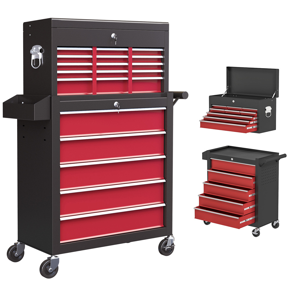 HOMCOM 14 Drawers Red Lockable Rolling Tool Chest Image 3