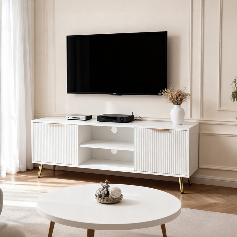 Living and Home 2 Door 2 Shelf White Ribbed and Gold-Toned Feet TV Stand Image 8