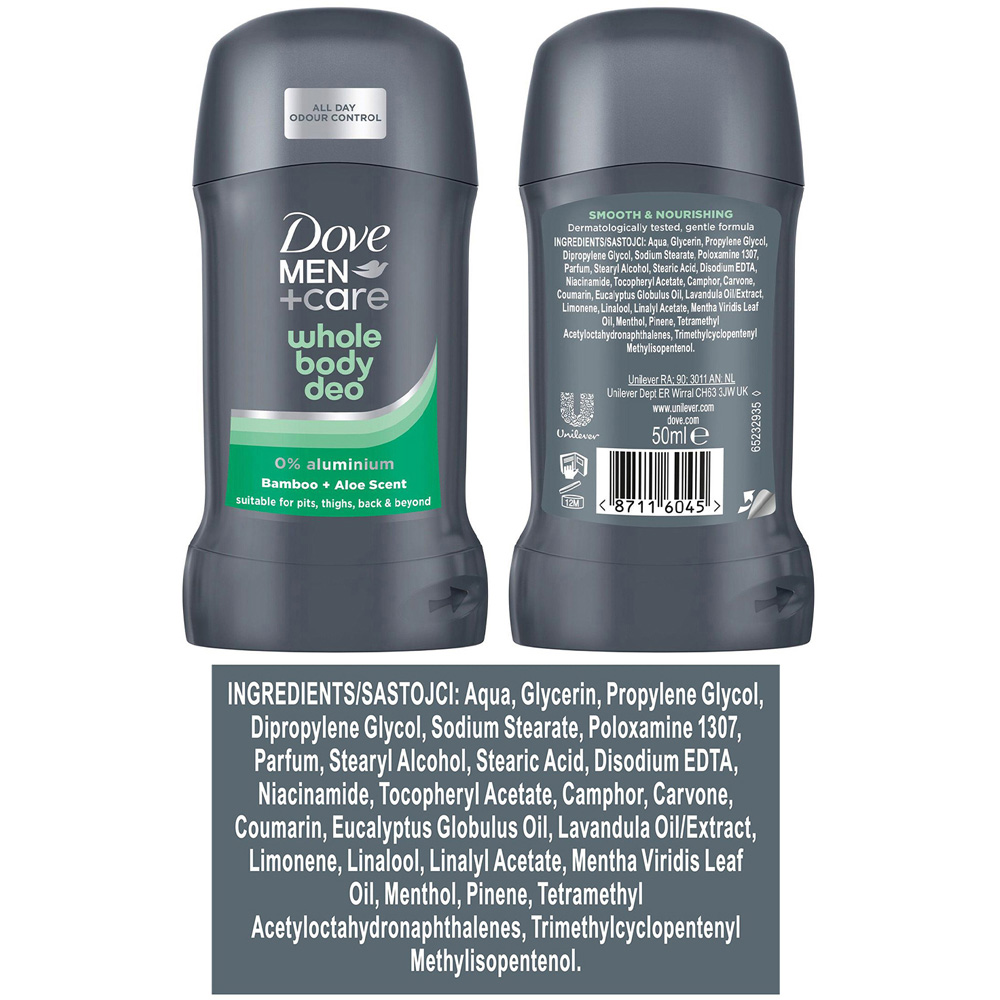Dove Men+Care Whole Body Bamboo and Aloe Odour Control Deodorant Stick 50ml 6 Pack Image 6