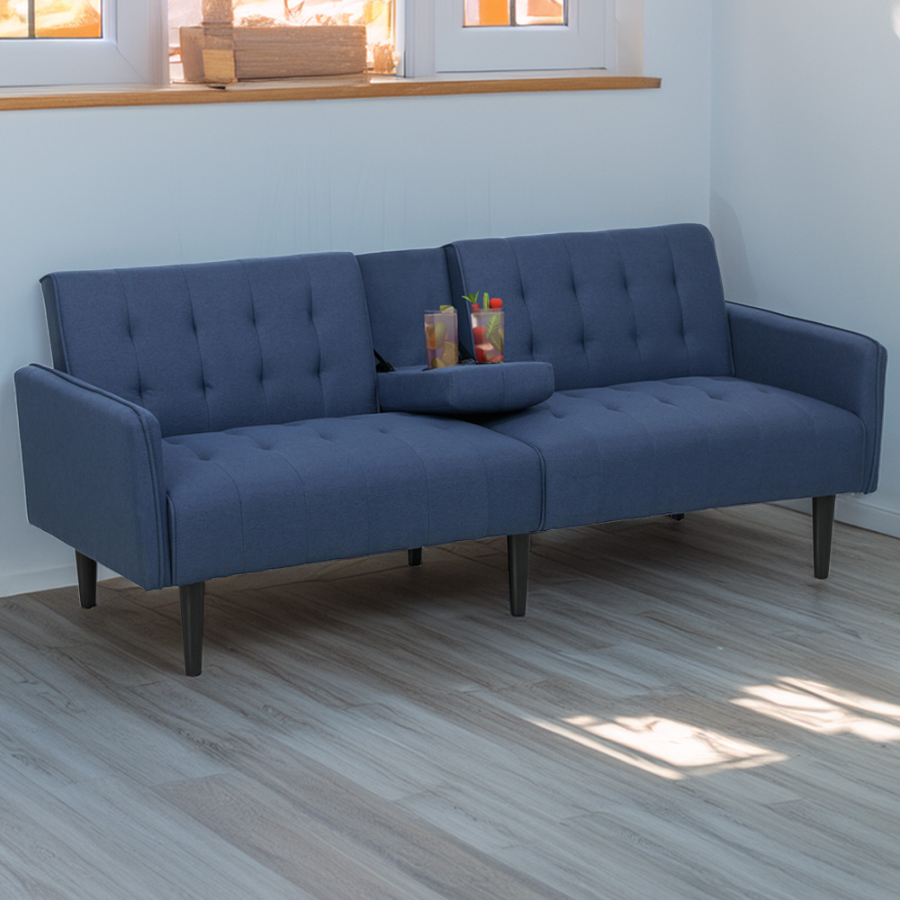 HOMCOM 3 Seater Dark Blue Upholstered Sofa Bed with Storage Image 1