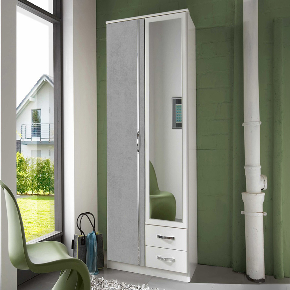 TJ'S Clack 2 Door 2 Drawer Grey and White Wardrobe with Mirror Image 1