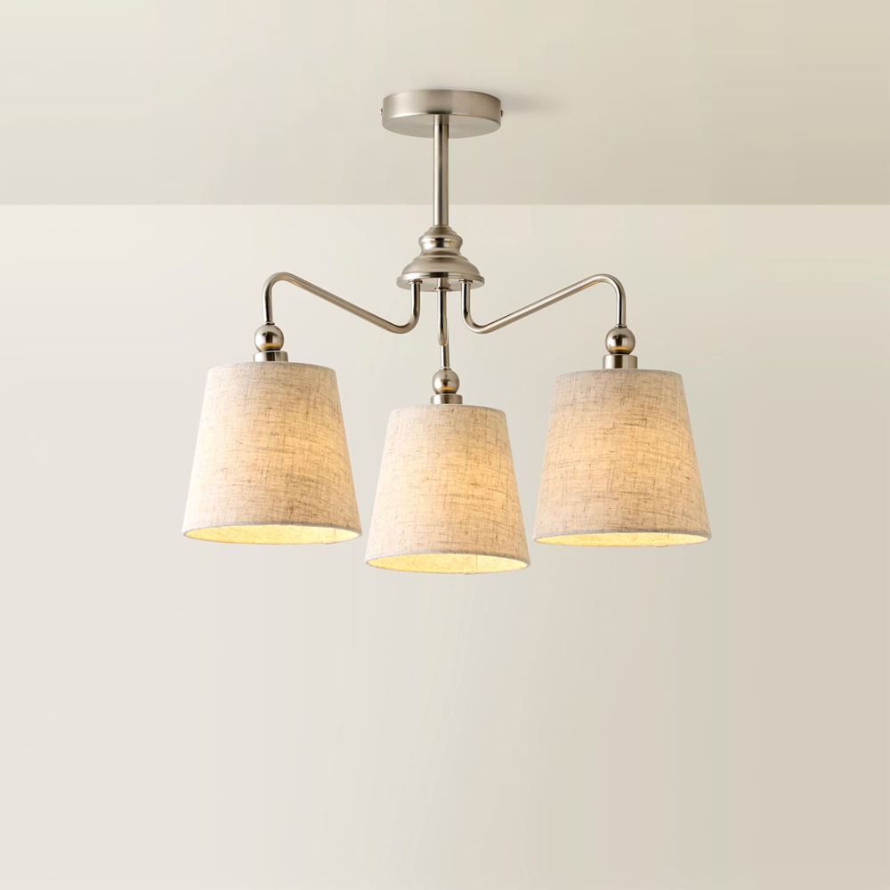 ValueLights Maggie Brushed Chrome 3-Arm Chandelier Ceiling Light with Tapered Shade and Bulb Image 3