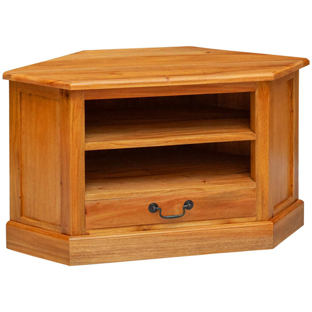 vidaXL Single Drawer 2 Shelf Natural Solid Mahogany Wood Corner TV Cabinet Image 2
