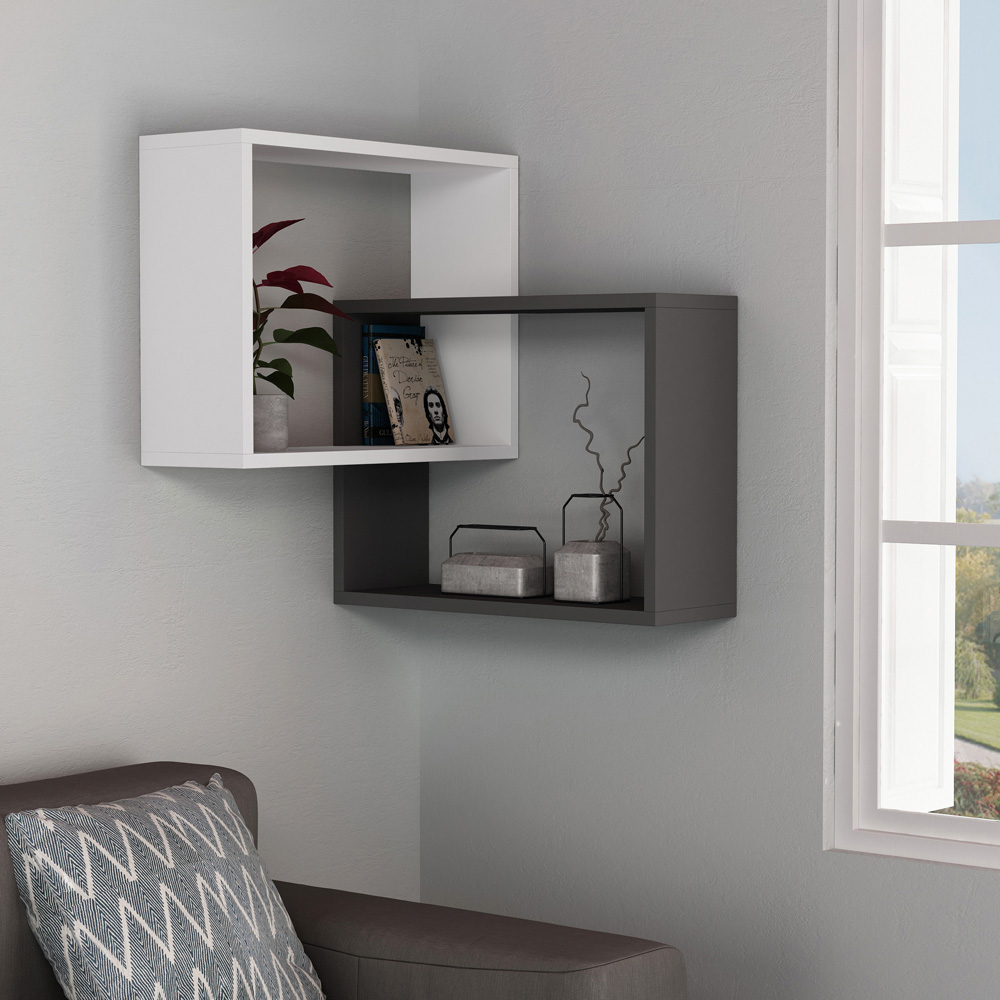Decortie Ring Corner 3 Shelf White Anthracite Grey Wall Mounted Modern Bookcase Image 3