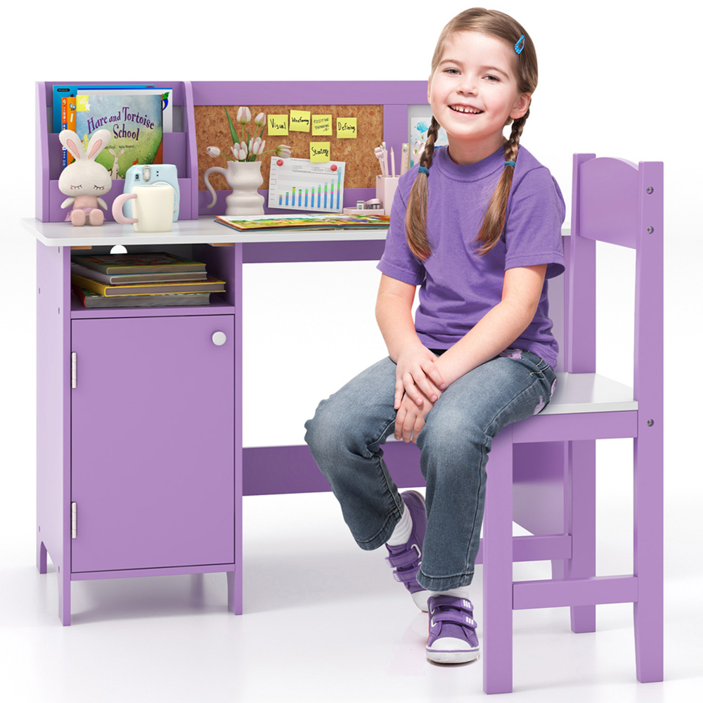 Costway Single Door Single Shelf Purple Kids Table and Chair Set with Hutch Image 3