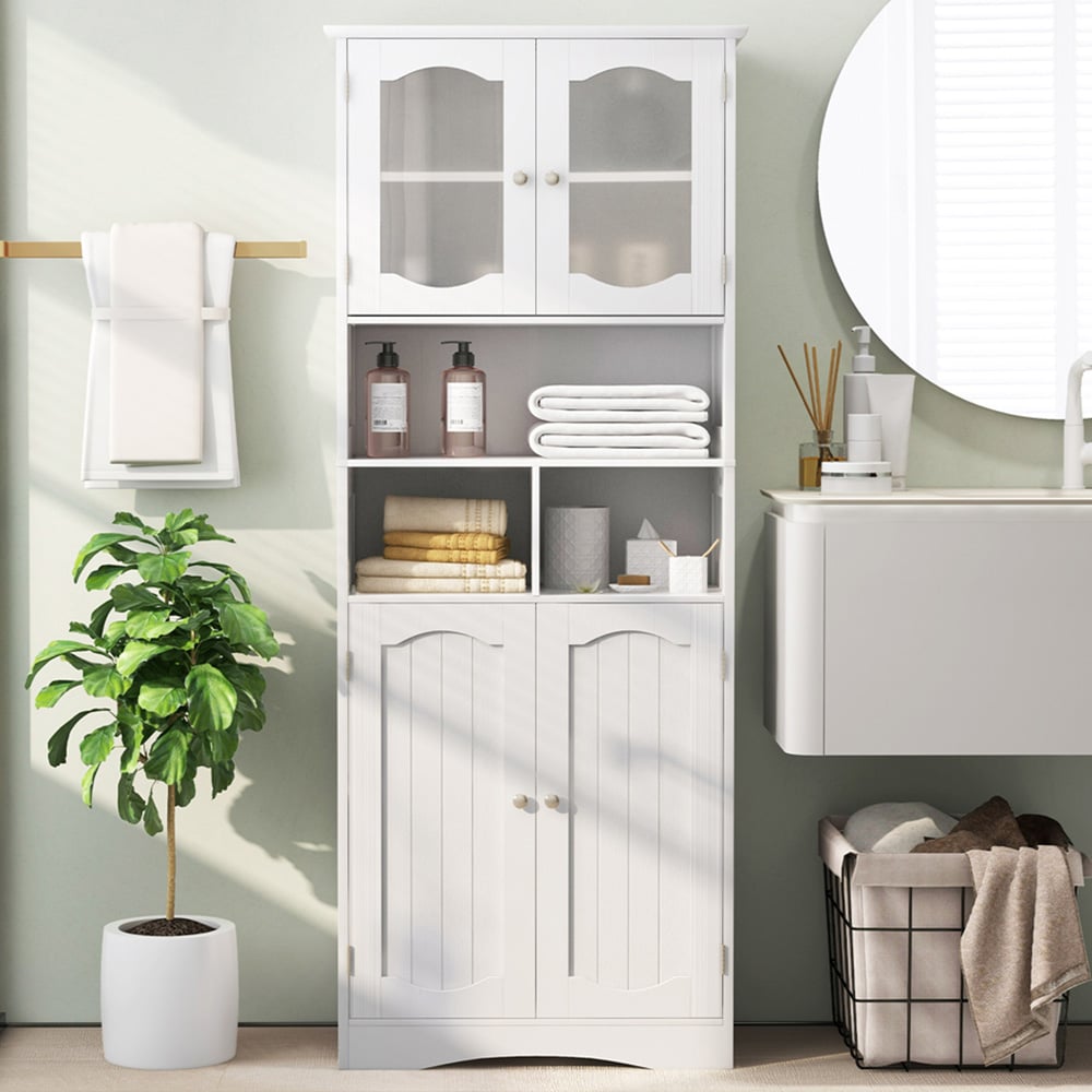 Costway 4 Glass Door 3 Shelf White Tall Bathroom Cabinet 148cm Image 1