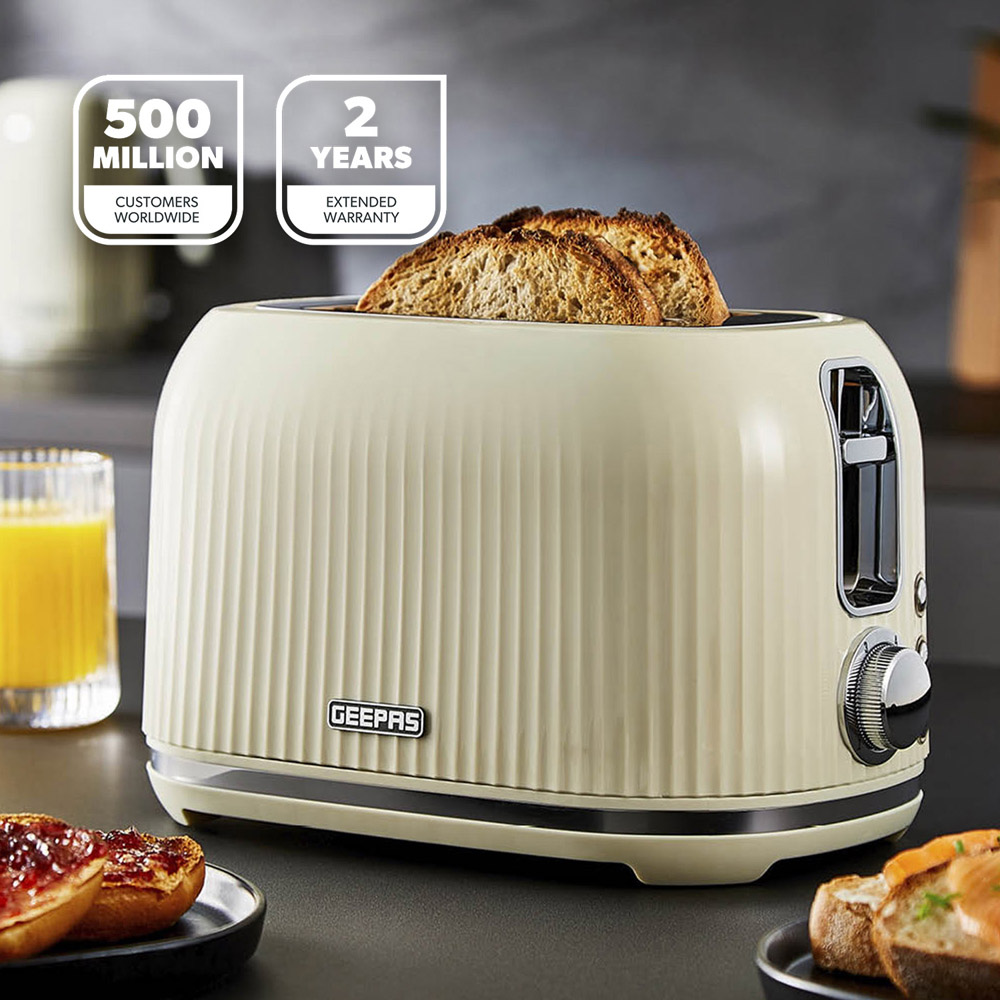 Geepas GBT36558UK-CR Cream Fluted 2 Slice Toaster 1000W Image 2