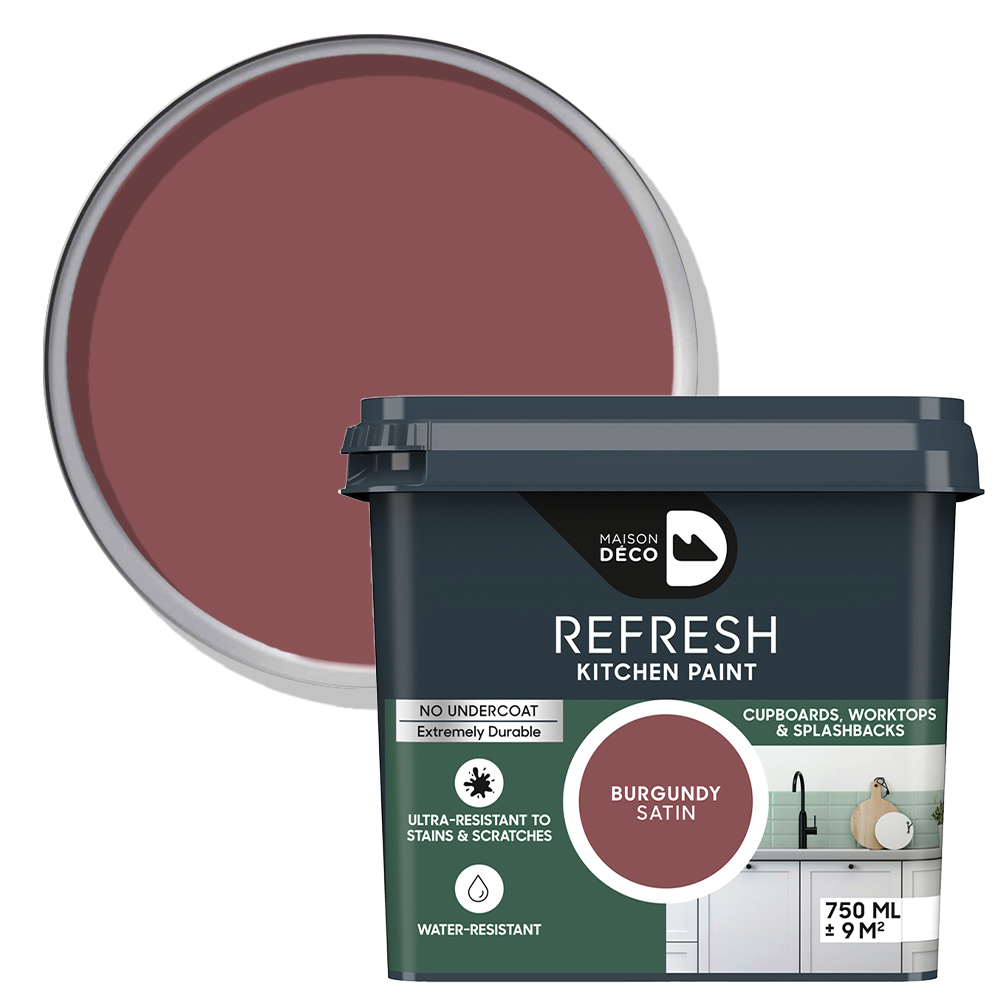 Maison Deco Refresh Kitchen Cupboards and Surfaces Burgundy Satin Paint 750ml Image 1