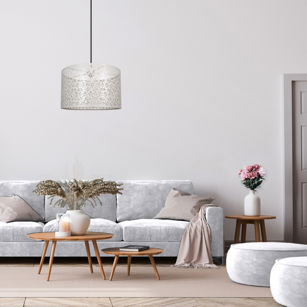 Happy Homewares Cream Metal Marrakech Designed Pendant Shade with Floral Decoration Image 2