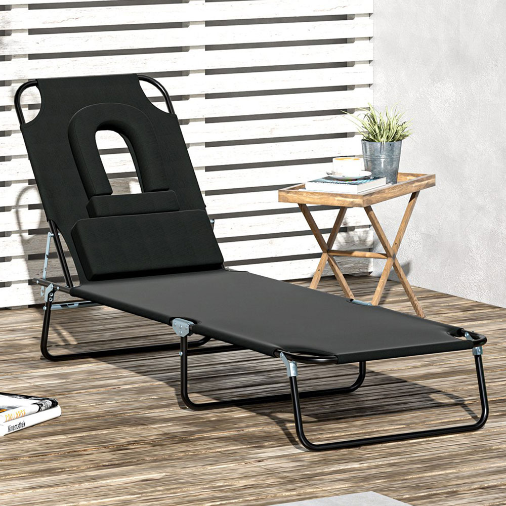 Outsunny Black 4 Level Reclining Sun Lounger with Reading Hole Image 1