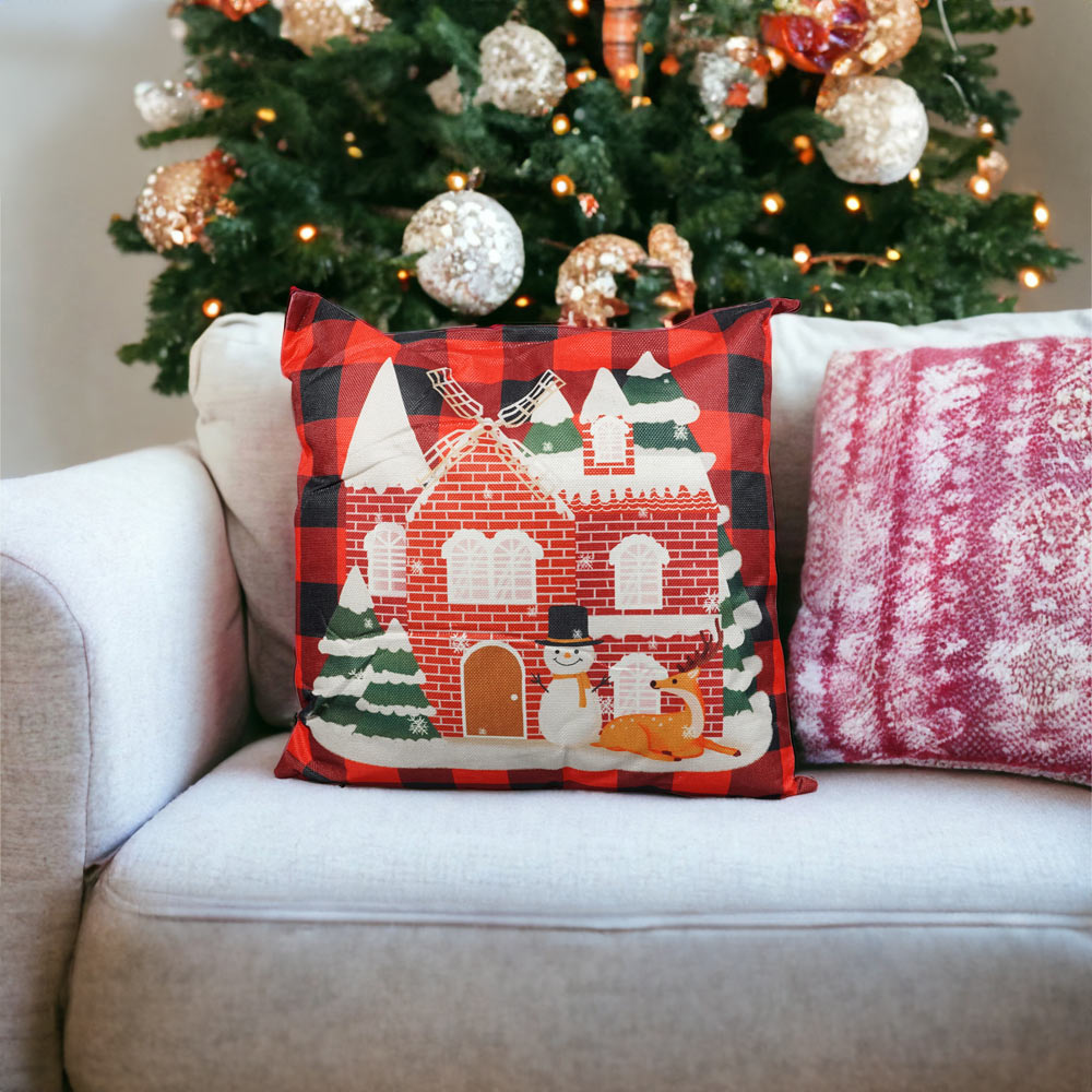 Xmas Haus Christmas-Themed Red Check Windmill Cushion 45 x 45cm Image 3
