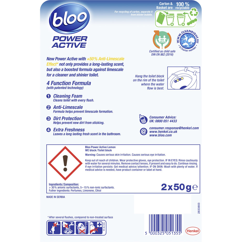 Bloo Power Active Lemon Toilet Block 2 x 50g Image 2