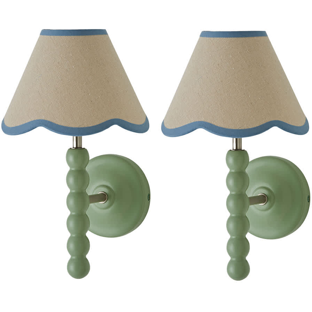 ValueLights Blue Trim Scallop Shade Green Bobbin LED Wall Light with Bulb 2 Pack Image 1