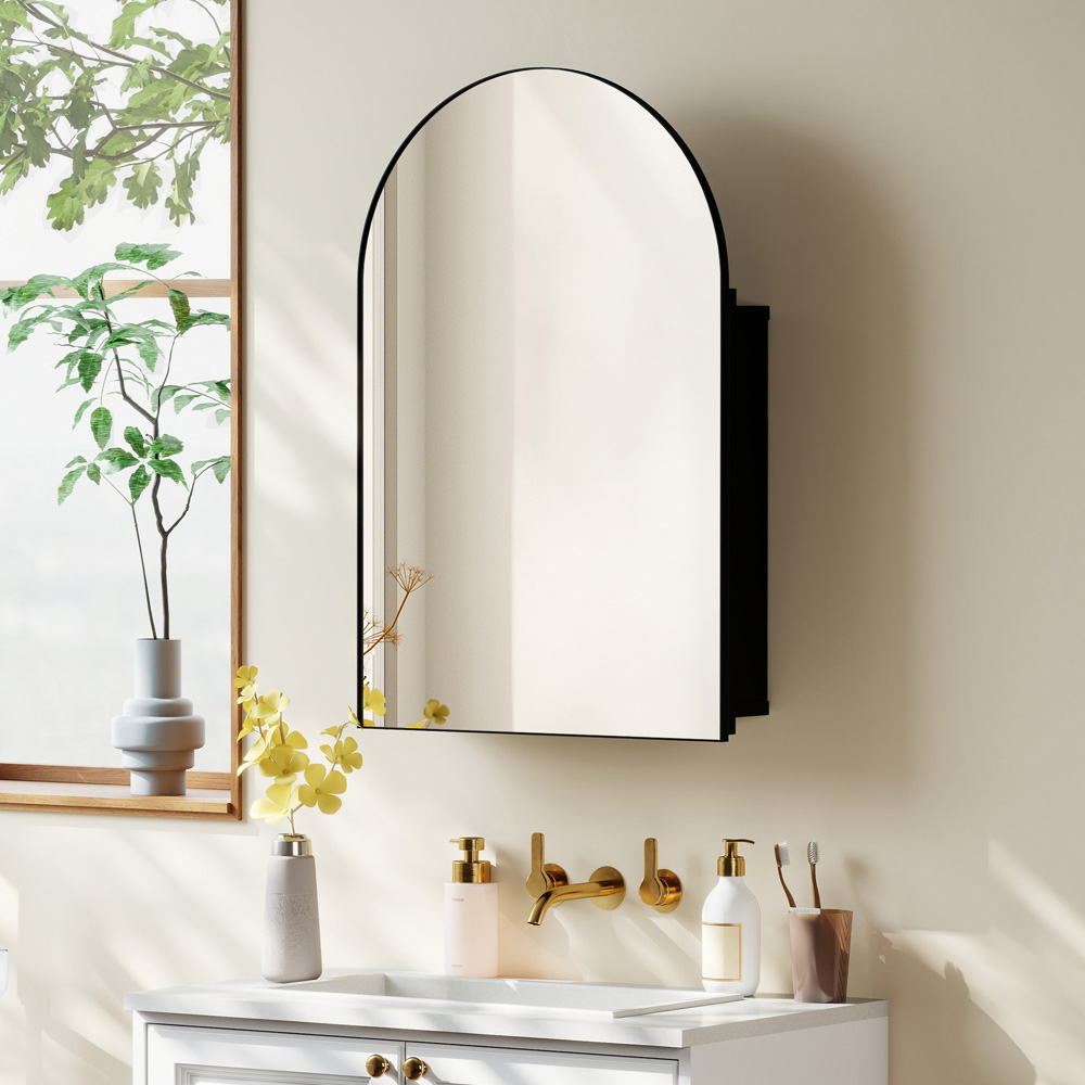 Portland 3 Hidden Shelf Black Arched Bathroom Mirror Cabinet Image 2