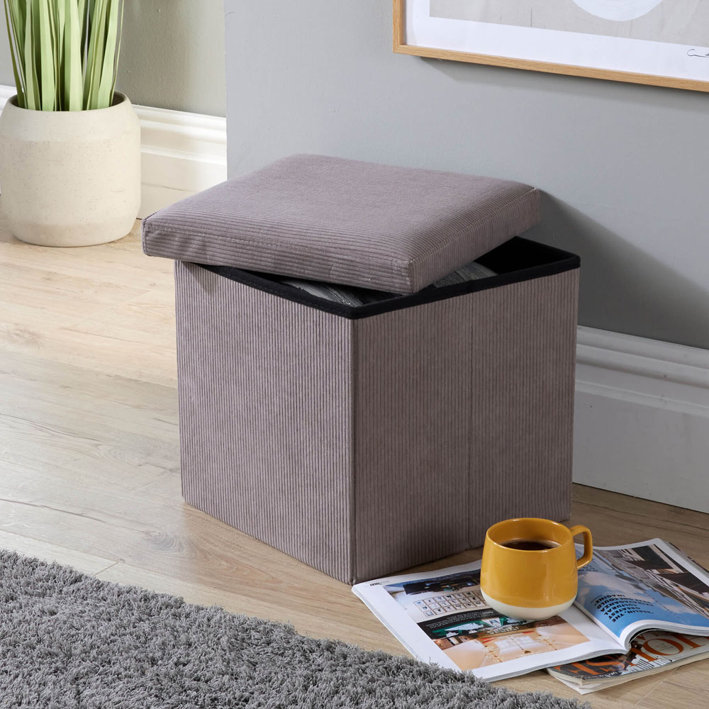 Home Source Grey Corduroy Upholstered Folding Ottoman Image 3