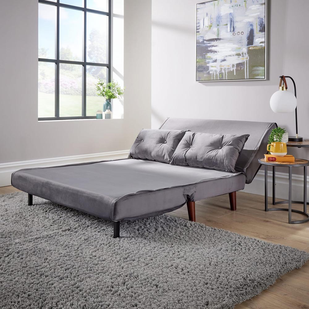 Home Source Morella 2 Seater Grey Velvet Folding Sofa Bed with Pillow Image 7