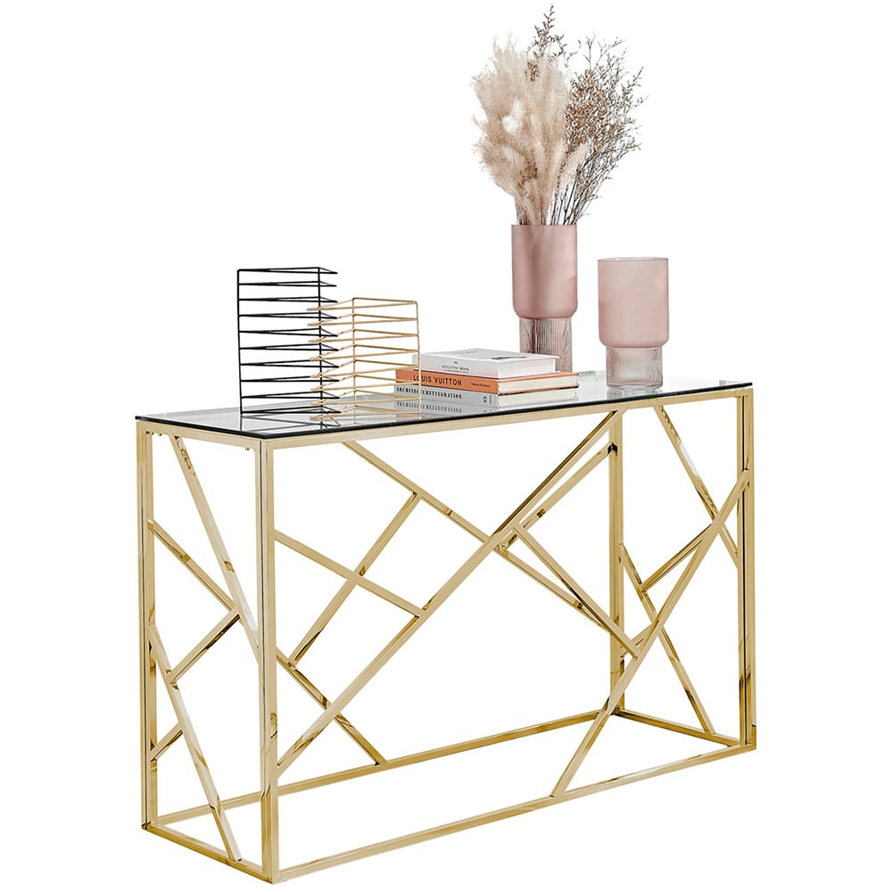 Furniturebox Sicily Clear Glass and Gold Chrome Rectangular Console Table Image 3