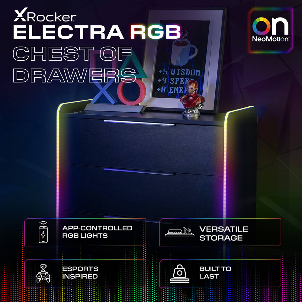 X Rocker Electra 3 Drawer Black Chest of Drawers with Neo Motion Sync App Controlled LED Light Image 4