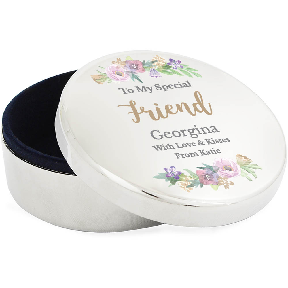 Personalised Memento Personalised Floral Watercolour Round Trinket Box Image 1
