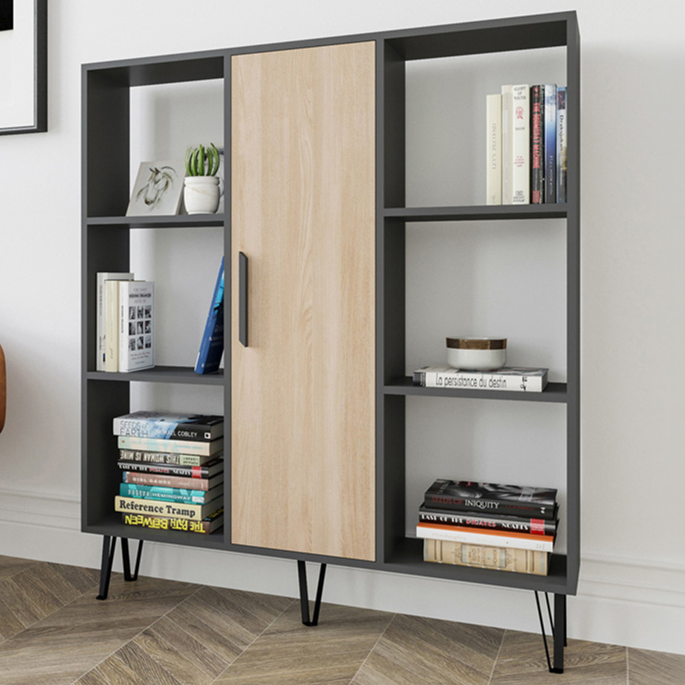 Decorotika Peoria Single Door 6 Shelf Anthracite and Oak Bookcase Image 1